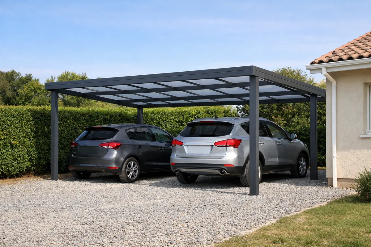 Carport aluminium à toit plat abritant deux voitures devant une maison