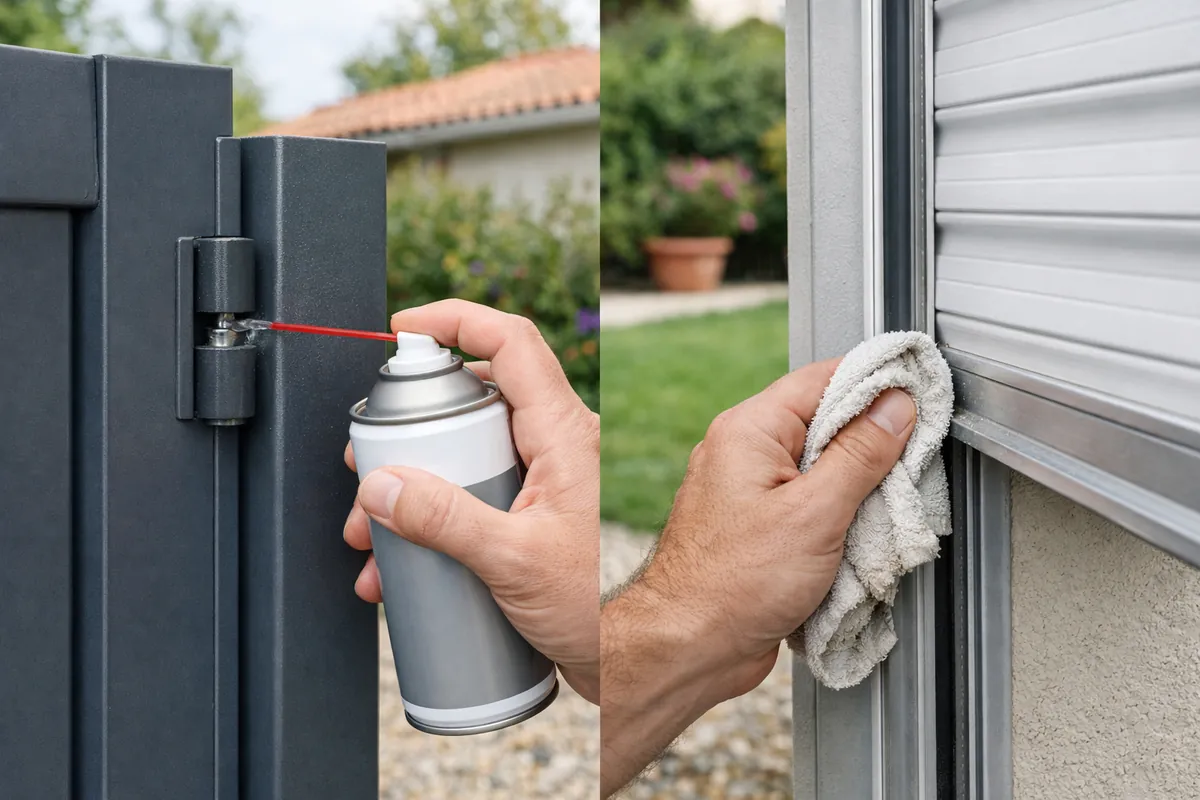 Graissage des gonds d'un portail aluminium et nettoyage des coulisses d'un volet roulant