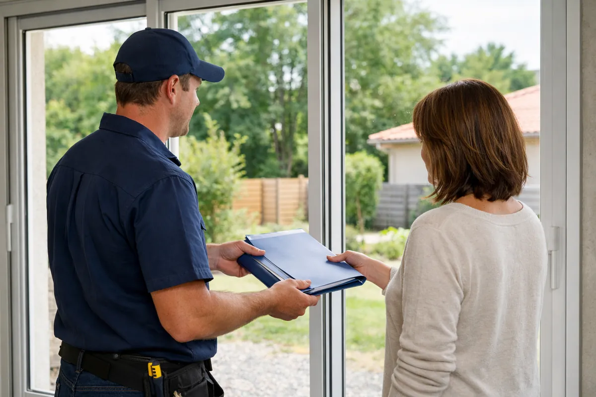 Installateur remettant les documents de garantie à la fin d'un chantier de fermetures