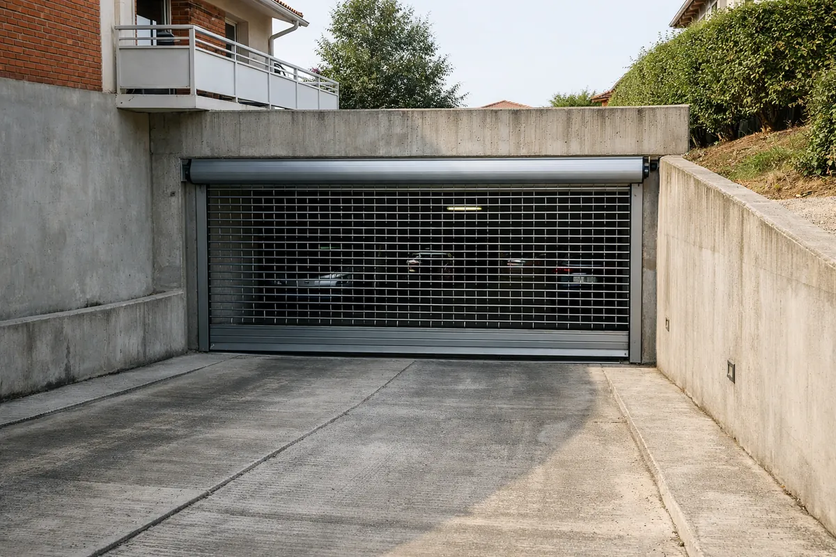 Grille à enroulement motorisée à l'entrée d'un parking collectif
