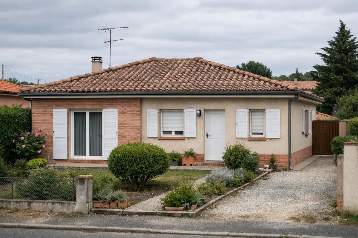 Pavillon des années 80 en brique et crépi dans un lotissement du nord toulousain