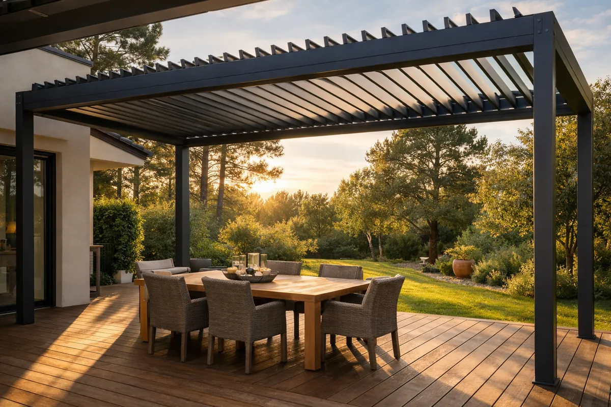 Pergola bioclimatique aluminium lames ouvertes par vent fort