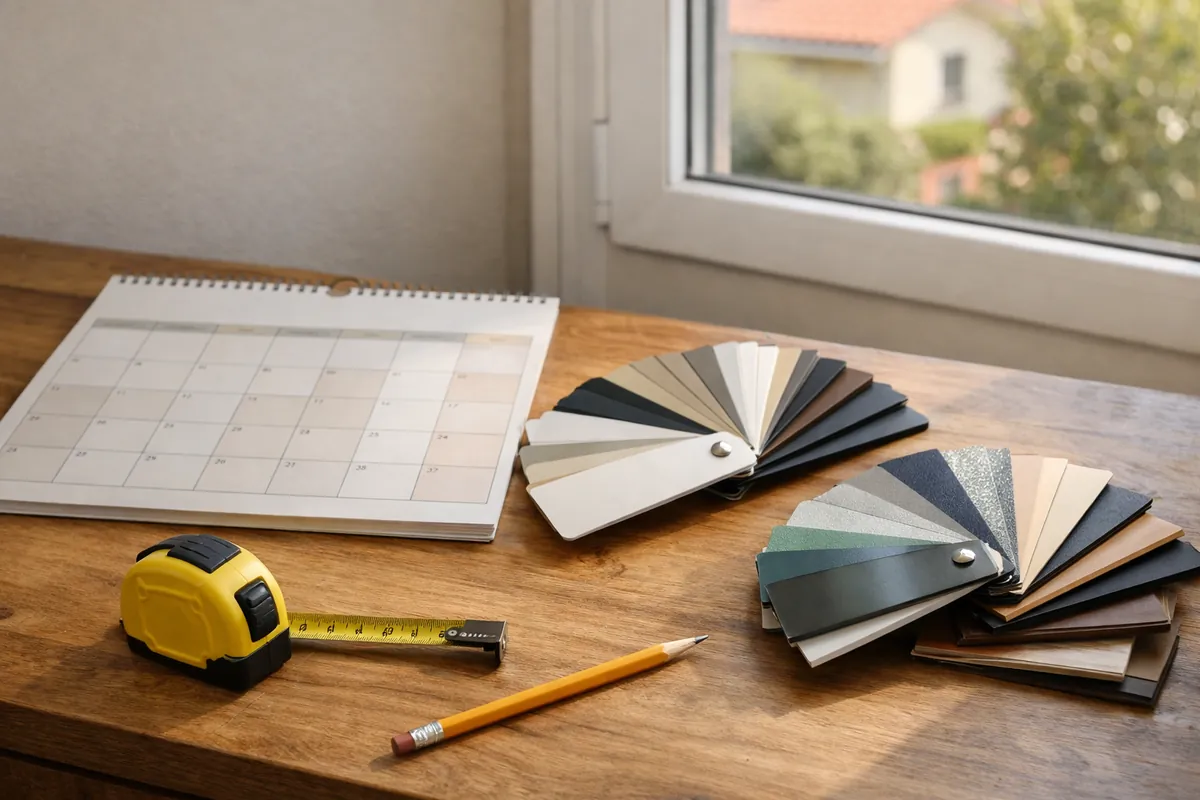 Calendrier de chantier et échantillons de menuiseries sur une table