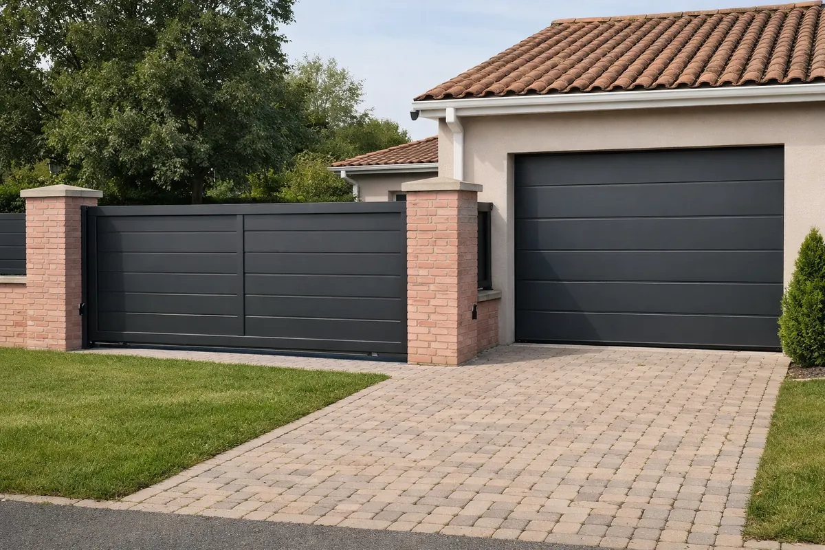 Portail aluminium et porte de garage sectionnelle neufs sur un pavillon rénové