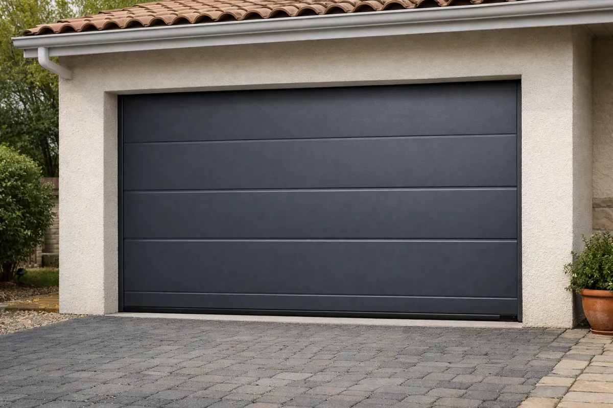 Porte de garage sectionnelle motorisée gris anthracite sur un pavillon