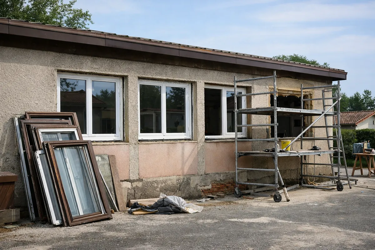 Remplacement de fenêtres en cours sur la façade d'un pavillon en rénovation énergétique