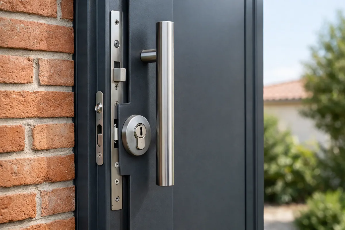 Porte d'entrée aluminium équipée d'une serrure multipoints et d'un cylindre sécurisé