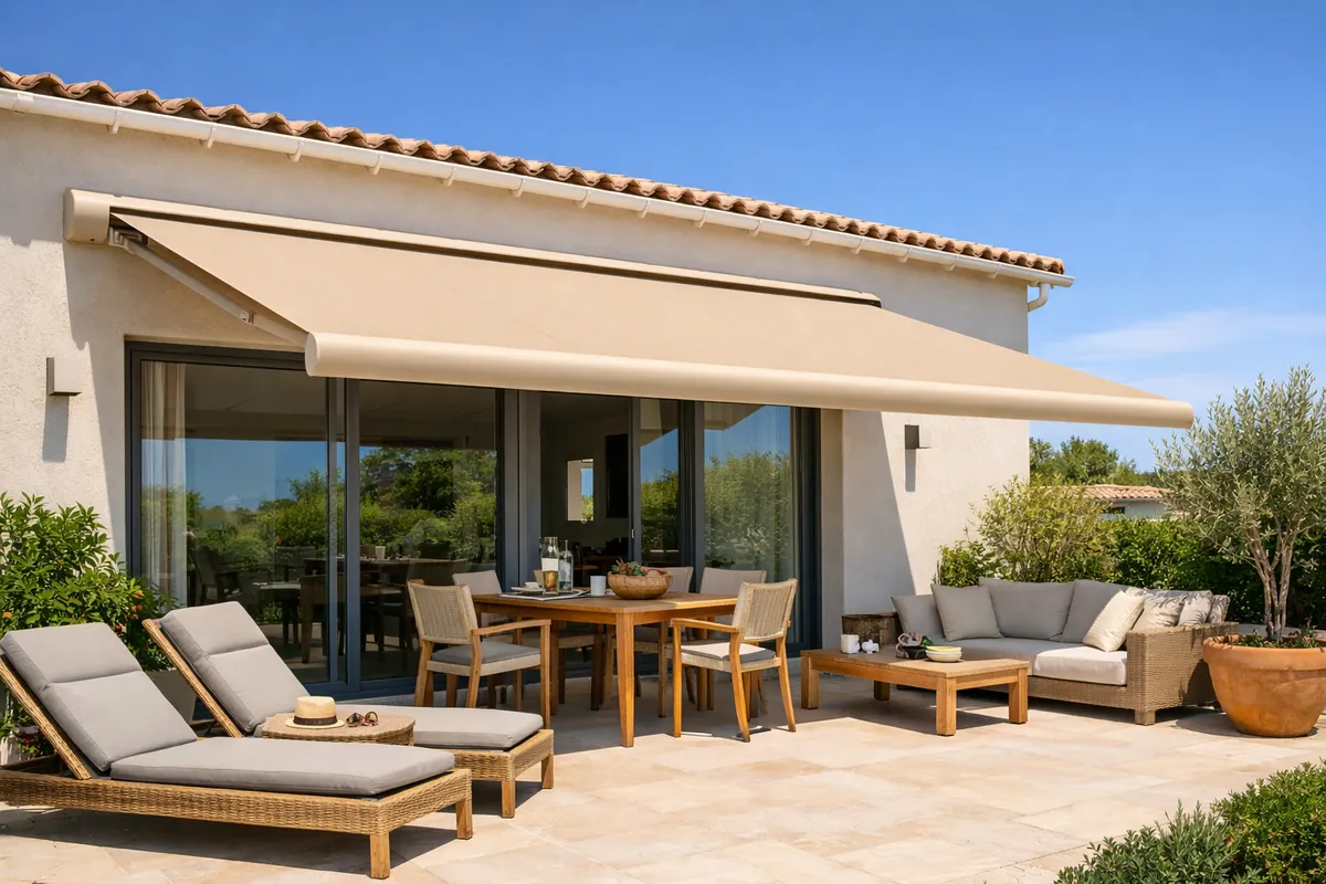 Store banne coffre déployé au-dessus d'une terrasse ensoleillée