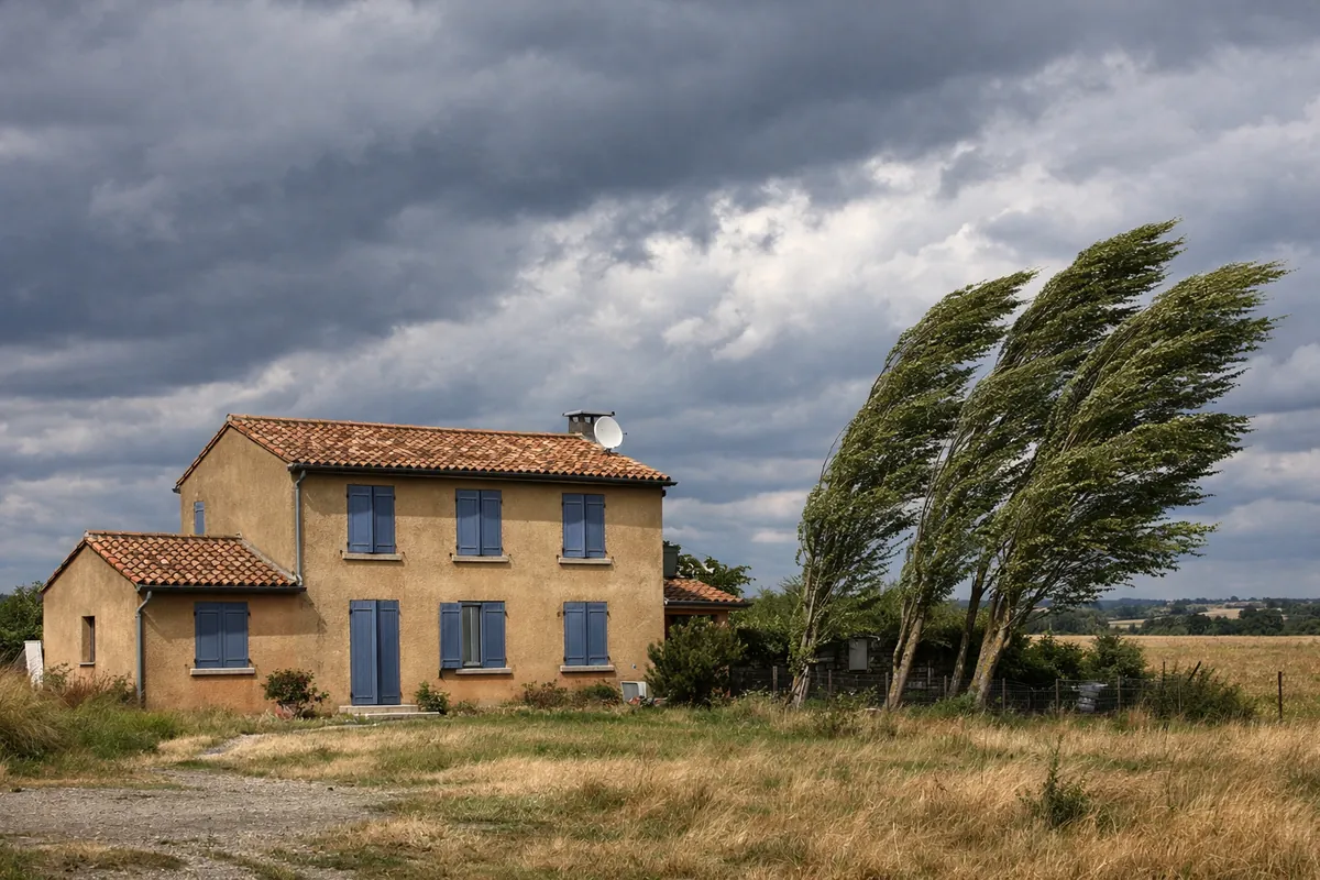 Maison exposée au vent sur la plaine du nord toulousain, volets fermés, arbres inclinés