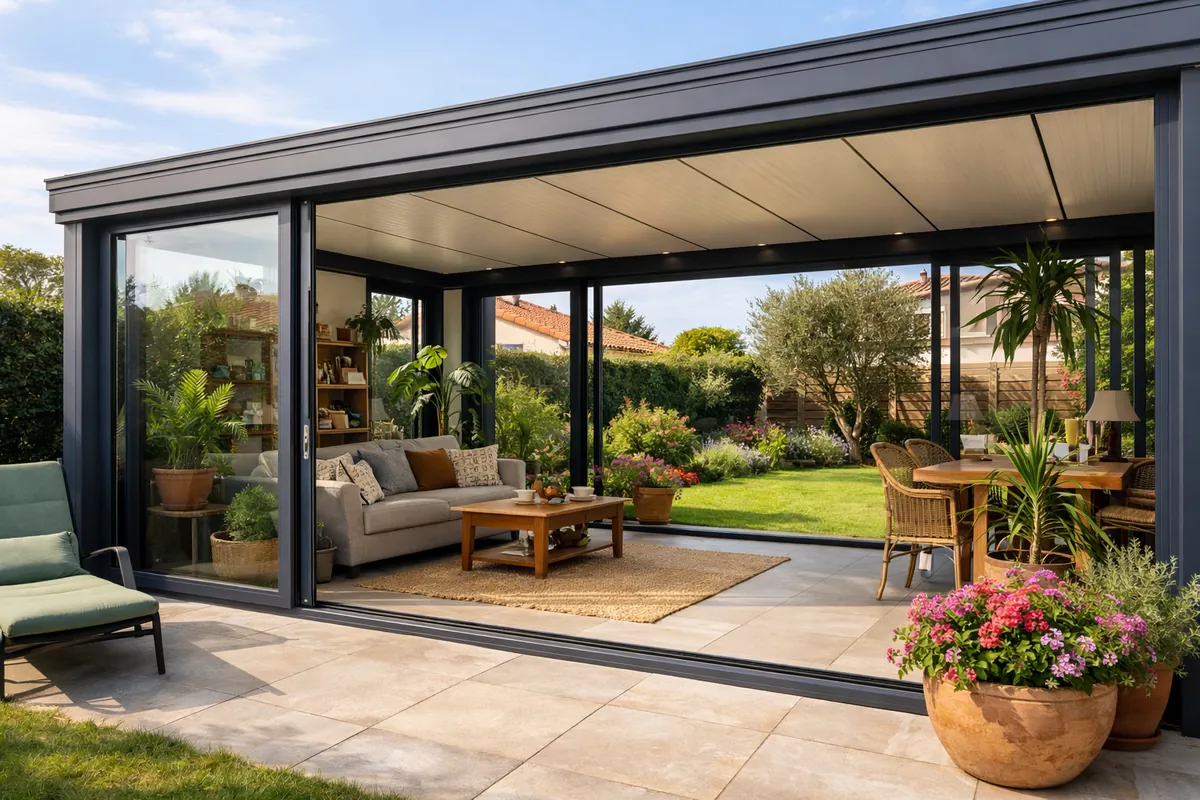 Véranda aluminium à toiture isolée ouverte sur un jardin