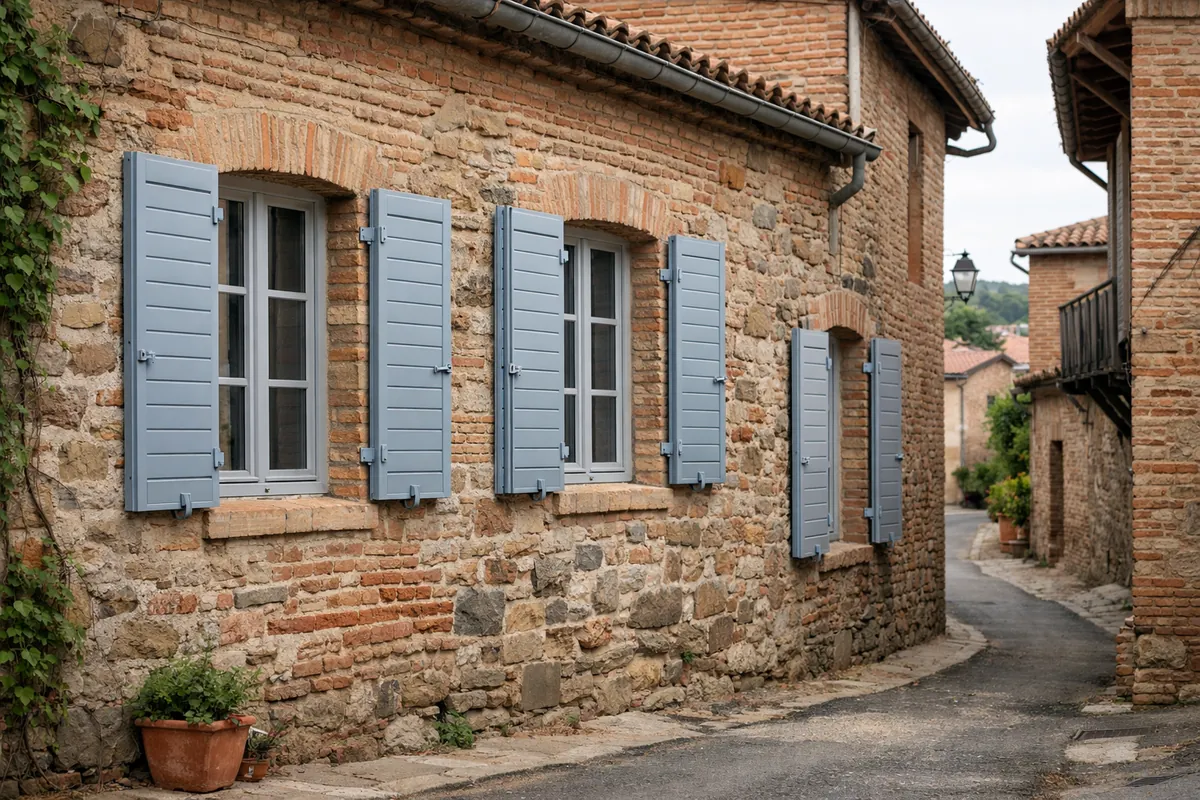 Volets battants aluminium sur une maison ancienne en brique foraine